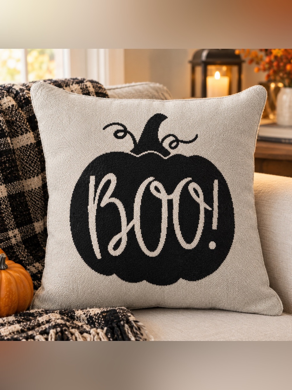 RETIRED Primitives by Kathy Black on Cream 'Boo' Pumpkin Accent Pillow